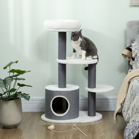 Arbre à chat avec 1 grotte pour chats - blanc + gris - poteau de corde en jute - 2 plateformes - 1 lit pour chat - Pratique (1/4)