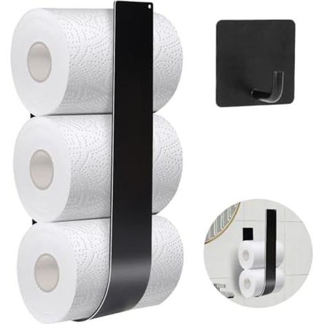 Toilettenpapier Aufbewahrung Wand, Ersatzrollenhalter ohne Bohren mit 1 klebehaken,Toilettenpapierhalter für 3 Klorollen, WC Rollenhalter aus Metall für Badezimmer, Küche, Waschraum (Schwarz) (1/5)