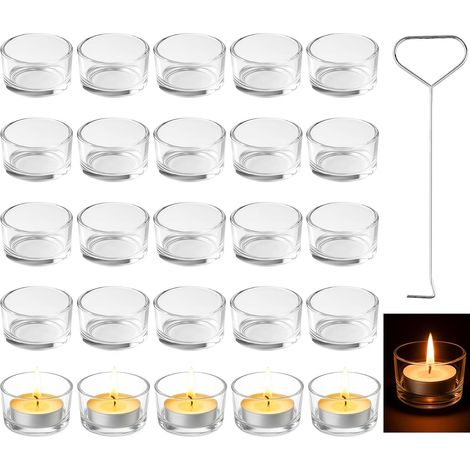 Lot de 25 Photophore Verre Transparent avec Éteignoir, Ø4,5 x H2,5 cm Mini Porte Bougeoir, Bougeoir en Verre pour Mariages, Fête, Saint-Valentin, Maison, Décoration Centre de Table