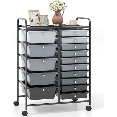 COSTWAY Chariot de Rangement 15 Tiroirs en PP Empilables Amovibles, Tour de Rangement à Roulette, Cadre en Métal, pour École, Bureau, 63x37x87cm, Noir+Noir (1/5)