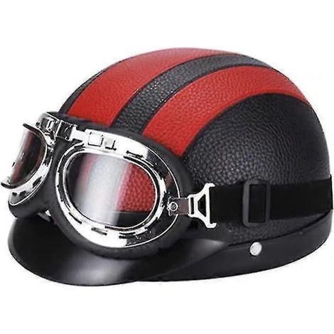 Casque demi-jet rétro en cuir pour moto avec lunettes rouges (1/2)