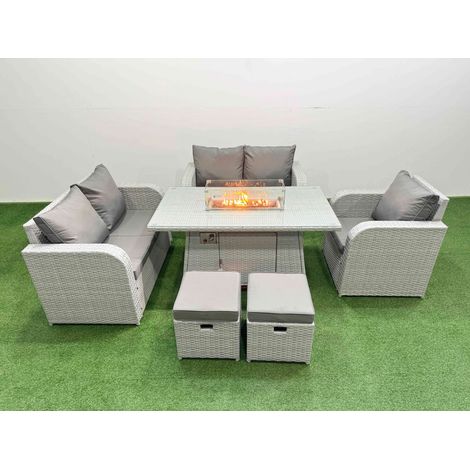 Fimous High Back Poly Rattan Garden Furniture Set with Reclining Chair Loveseat Sofa Firepit Dining Table Indoor Outdoor Patio Set 2 Stool Light Grey (1/4)