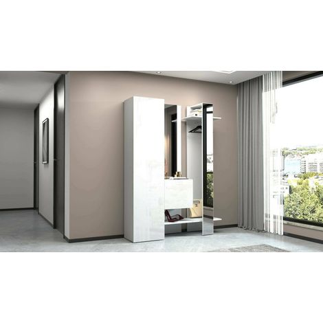 Dmora - Mueble de entrada Vilmaro, Armario multifuncional con 2 puertas, Perchero de pared con 2 espejos, 140x35h190 cm, Blanco, con embalaje reforzado