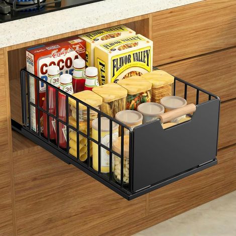 Kitchen Sliding Drawer, Deep Drawer Organizer with Drawer Slides and Wooden Handle, Telescopic Pull Metal for Kitchen Cabinets Organizer - 40x25×18CM (1/5)