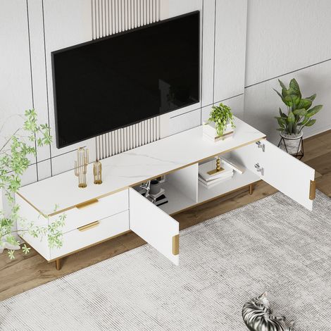 TV-Schrank, niedriger Teller mit geschnitzter Textur, goldenen Griffen und Füßen, Wohnzimmermöbel mit Marmorstruktur (1/5)