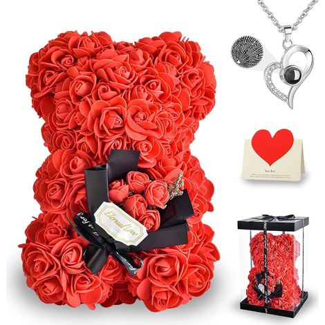 Ours en Rose Cadeau pour Anniversaire, Rose Bear Teddy Flower Ours en Peluche avec Boîte, Collier, je t'aime en 100 Langues, Meilleur Cadeau pour Femme, Cadeaux Romantiques Mignons pour Femme Petite (1/5)