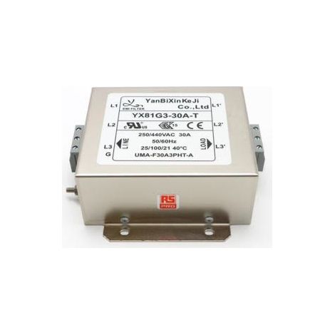 Filtre secteur RS PRO, 30A max, 3 phases, 520 V c.a. max, Montage sur châssis ( Prix pour 1 )