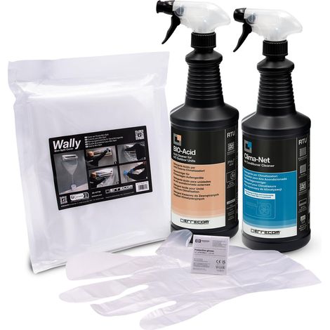 Errecom Kit pulizia climatizzatori, include Clima-Net 1L detergente pulizia unità interna e filtri, cover protettiva Wally, Bio Acid 1L detergente acido biodegradabile pulizia unità esterna, guanti (1/5)