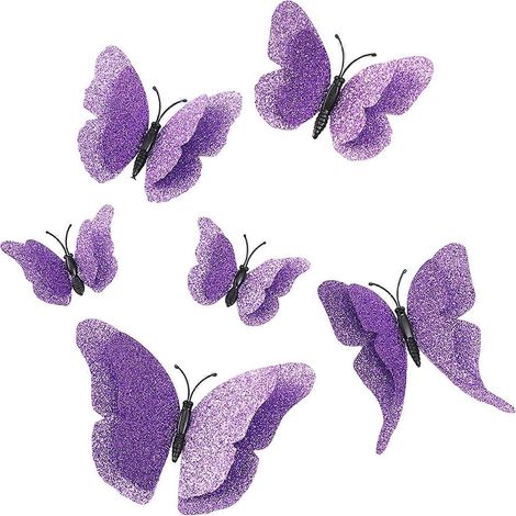 Stickers muraux papillons 3D à paillettes – Autocollants réutilisables – Lot de 6 pour chambre d'enfant - Violet (1/5)