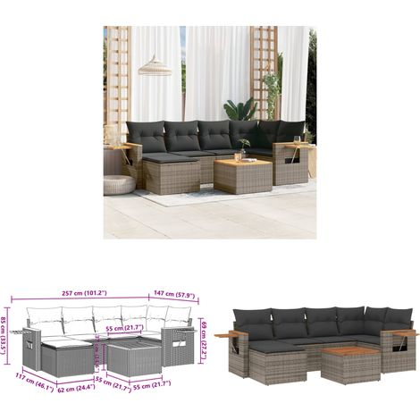 7-tlg. Garten-Sofagarnitur mit Kissen Grau Poly Rattan - Gartenmöbel Set - Gartensorte - Outdoor Möbel - Lounge Sofa - Esszimmergarnitur - Home & Living (1/3)