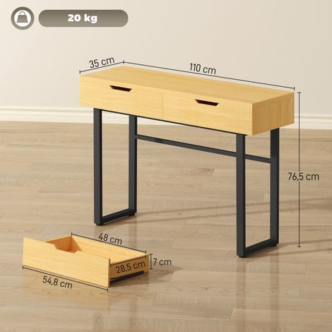 Console fine en métal avec 2 tiroirs, idéale pour couloir ou entrée, dimensions 110 x 35 x 76,5 cm, finition bois naturel, meuble d'accueil élégant et compact. (1/5)