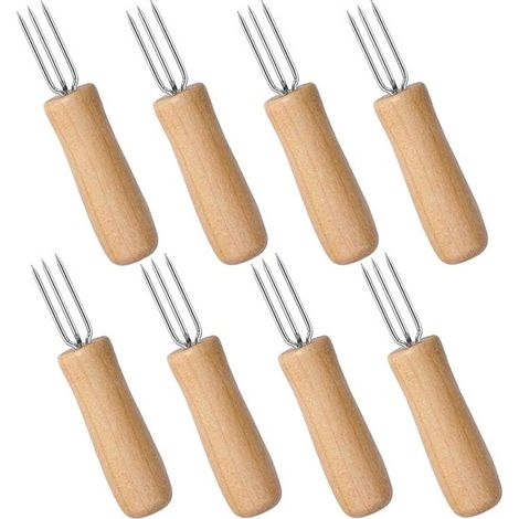Fourchettes à pommes de terre et à maïs Set de 8 – Inox avec poignée en bois antidérapante – Résistantes à la chaleur – Idéales pour BBQ, Grill & Cuisine (1/5)