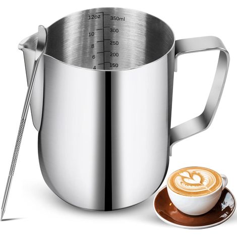Mousseur à lait en acier inoxydable de 350 ml avec stylo décoratif et tasse à mousser le lait. (1/5)