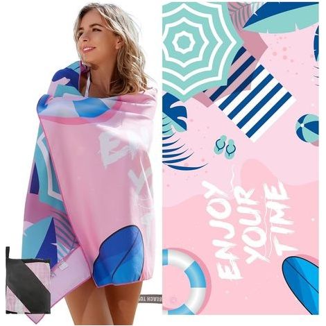 Serviette de Plage avec Étiquettes UV, Tapis de Plage, Matériau en Microfibre, sans Sable,Séchage Rapide, Conception en Corde Élastique, 150×75cm,Rose (1/5)