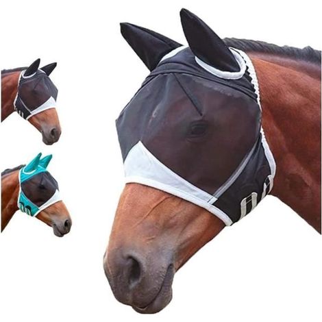 Masque Anti-Mouches Cheval avec Oreilles - Maille Respirante Noir (1/4)