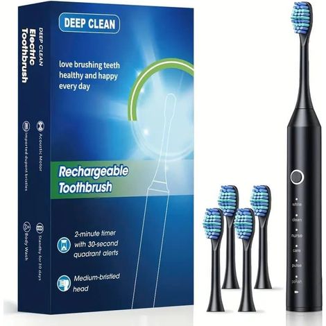 Brosse à dents électrique pour adultes avec 4 têtes de brosse - 6 modes de vibration, chargement USB, minuteur et station de charge-AquaForge