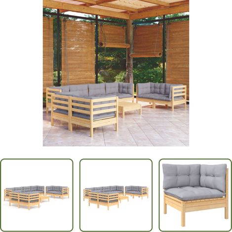 Terrassensofa - 9-tlg. Garten-Lounge-Set mit Grauen Kissen Kiefer Massivholz (1/5)