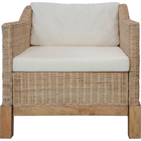 Fauteuil de Salon ou Véranda en Rotin Naturel et Coussins Blancs (1/5)