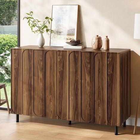 Buffet 120x80 cm avec 3 portes, bahut avec étagères réglables et motif arche, moderne commode pour salon entrée, couleur noyer