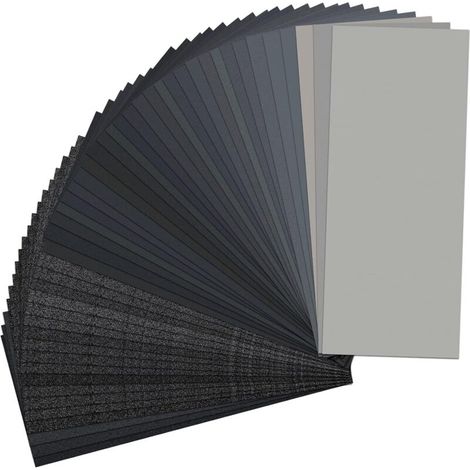 Lot de 48 feuilles de papier abrasif, grains assortis 120-5000, 23 x 8,9 cm, papier abrasif sec et humide de qualité supérieure pour la finition des meubles en bois et le ponçage du métal. (1/4)