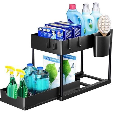 Étagère de rangement double couche sous évier avec tiroirs coulissants , organiseur multifonction pour cuisine et salle de bain – Noir (1/4)