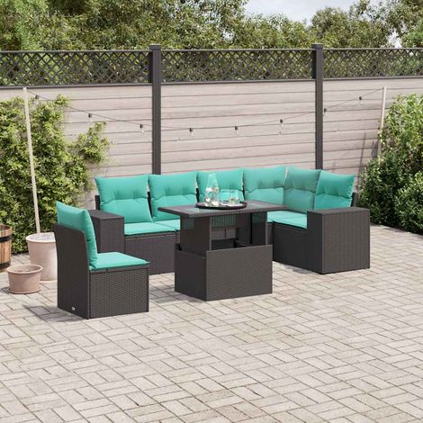 7-teiliges Gartensofa-Set mit Kissen, schwarzes Polyrattan (1/5)