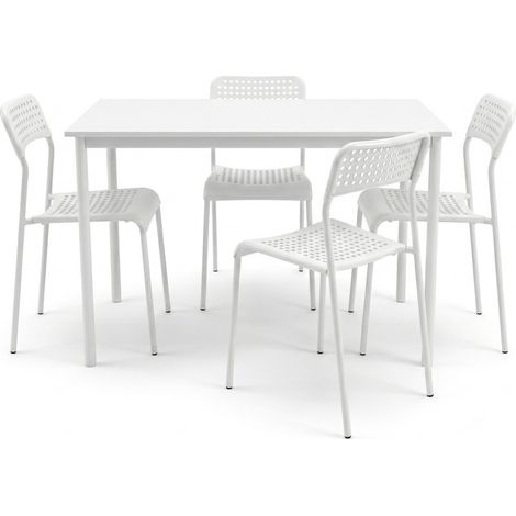 Tavolo con 4 Sedie bianco da Pranzo Moderno Struttura in Metallo e Piano in Legno Lamellare, Sedie Bianche Ergonomiche base e spalliera in Plastica Fori Traspiranti Tavolo 110x70 cm Cucina e Salotto (1/4)