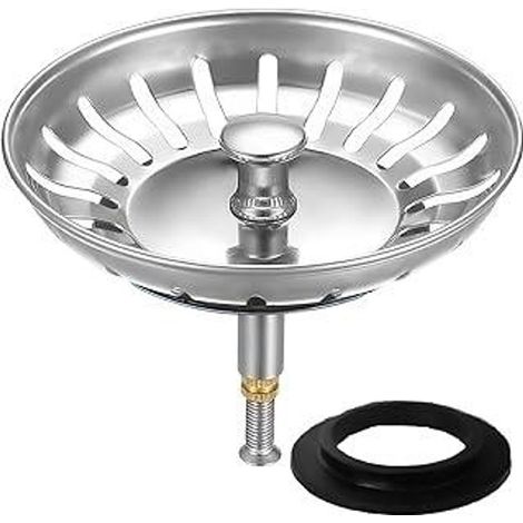 Bonde d'évier HUAERSICO avec crépine Ø 79/80 mm, bouchon d'évier à commande par bouton-poussoir, panier et bonde, accessoire d'évier Blanco, pour bondes à partir de 80 mm, 2 joints de rechange pour pa
