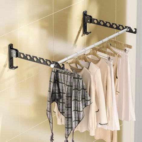 Étendoir mural pour vêtements - Organisateur de vêtements - Séchage - Rétractable et pliable - 2 barres de 80 cm - Noir (1/5)