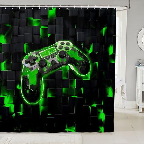 Rideau de Douche Garcon Gamer 180x200 cm, Rideau Douche Enfant Console de Jeux Rideau de Bain Carré Géométrique Carrée Rideau de Baignoire Noir et Vert - 180L X 200H cm (1 Panneaux) (1/5)