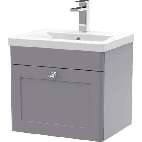 Swynnerton Traditional 1 Drawer Wall Hung Vanity Unit with Mid-Edge Basin, Satin Grey, 500mm