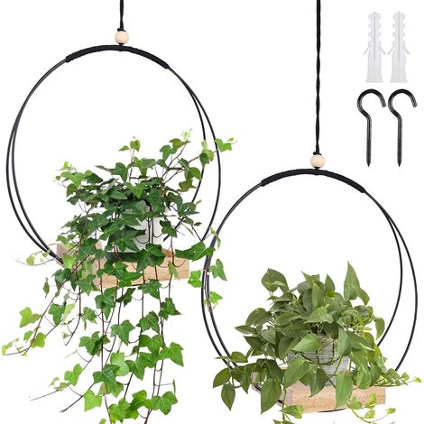 Lot de 2 pots de fleurs suspendus en macramé avec base en bois, hauteur 93 cm, avec socle en bois, anneau en métal et boucle de suspension pour l'intérieur, jardinières suspendues pour murs et (1/5)