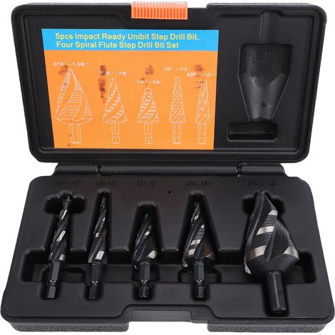 Lot de 5 Forets Étagés HSS 4 Rainures Hélicoïdales 3-35mm Queue Hexagonale 6.35mm 9.53mm pour Acier Inoxydable Aluminium Bois Plastique (1/5)