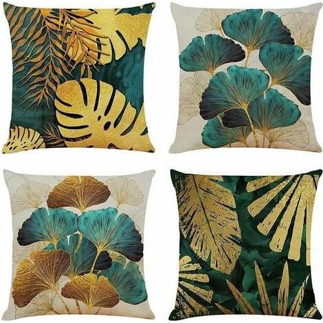 Set of 4 square cushion covers (45 x 45 cm) with green and gold leaf pattern, linen sofa cushion covers for the living room (1/5)