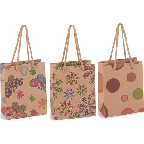 Sacchetti / buste piccole in carta naturale stampata con manici, set da 60 pezzi, cm 11,5 x 6 x 14,5 H
