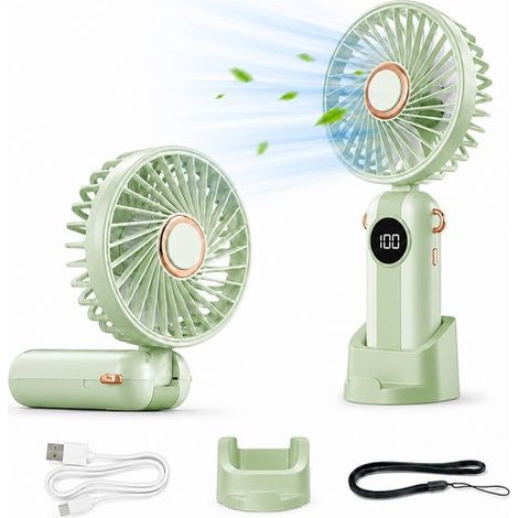 Ventilateur à Main Portable - Vert - Ventilateur Personnel Silencieux à 5 Vitesses - Mini Ventilateur à Main Pliable avec Cordon - Léger pour Voyage, (1/5)