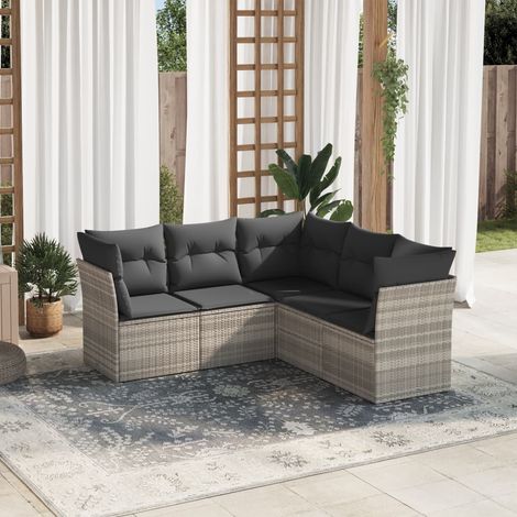 Set de sofás jardín y cojines 5 pzas ratán sintético gris claro