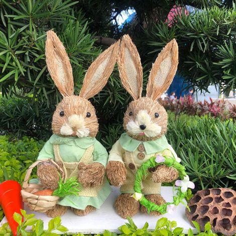 Lapin De Pâques - Figurine En Paille Tissée À La Main - Décor De Table Rustique - Lot De 2 - 35 Cm (1/5)