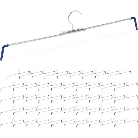 Pack de 50 Perchas Pantalones Extensibles, Faldas, Antideslizantes, 30-50 cm Ancho, Metal-PVC, Plateado-Azul