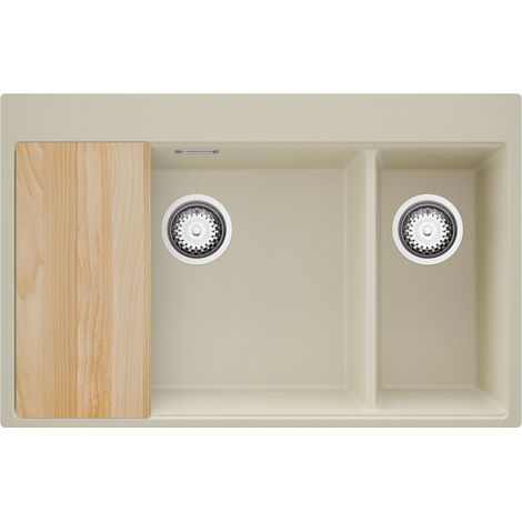 PRIMAGRAN Evier Cuisine en Granit 78x50cm,Lavabo 2 bacs + Kit de Vidage + Planche à Découper, Évier à Encastrer au meuble 80cm - Oslo Duo, Beige (1/5)