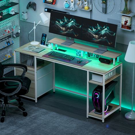 Schreibtisch mit LED-Beleuchtung, Schubladen, Steckdosen, USB-Anschlüssen und Monitorständer, 155,5 x 48 x 88,5 cm, Natur