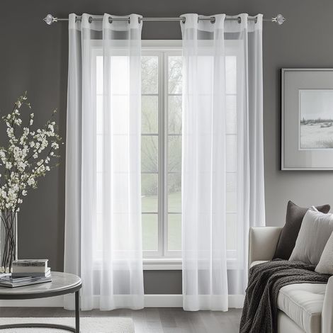 Lot de 2 Rideaux Voilages Blanc à Oeillets Effet Lin 140x240cm pour Salon Chambre Cuisine (1/5)