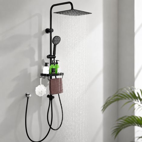 Aihom – Colonne de douche pluie sans robinet en acier inoxydable noir – Douche de tête 30x30 cm – Barre réglable sans perçage – Douchette 5 jets avec étagère