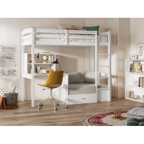 Lit mezzanine 90 x 200 cm avec bureau, sofa convertible et rangements - Pin et MDF - Blanc - GOLIATH III (1/4)