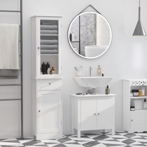 Colonne de salle de bain gain de place avec placard, tiroir et étagères en MDF, 40 x 27 x 171,5 cm, blanche (1/5)
