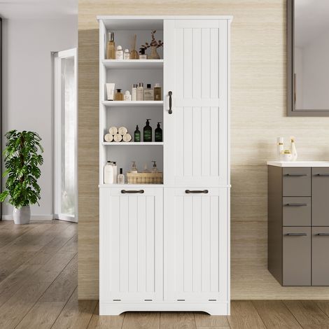 Armoire de salle de bain 78x35x172cm blanc vernis complet,rangement spacieux avec compartiments multiples et étagères modulables. (1/5)
