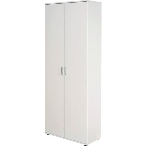 Pegane – Armoire blanche 2 portes avec 5 étagères réglables – Dimensions L70 x P34 x H189 cm – Panneaux de particules solides