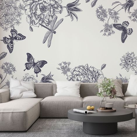 Papier peint panoramique - Fleurs Papillons - 130 cm x 65 cm (1/4)