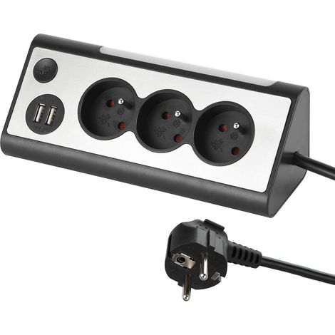 Electraline 35430, Blocco multipresa angolare, 3 prese, 2 porte USB interruttore ON/OFF per spegnere/accendere il LED, cavo 1,5 m, grigio/nero (1/5)