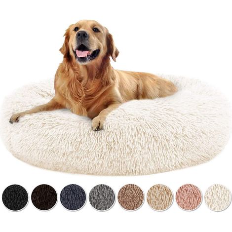 Lit rond pour chien Donut, coussin moelleux pour animaux de compagnie, lavable, antidérapant, pour petits et grands chiens, Blanc 80x80x20cm